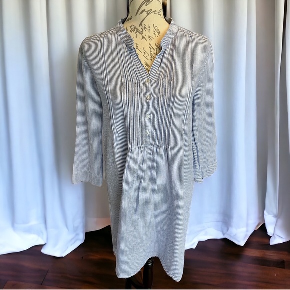 Tahari Linen Blend blue & white striped Long Sleeve Dress Size Small GUC Midi - Picture 4 of 15